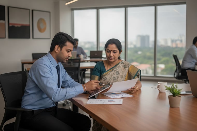 Two advisors reviewing a marked-up delivery plan at a worktable